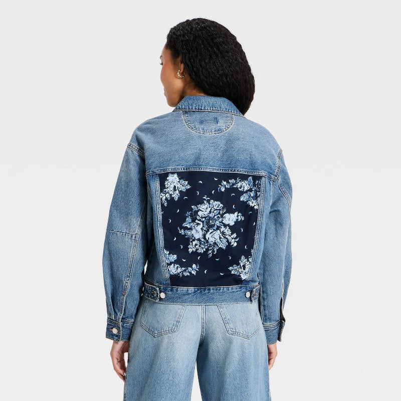 Women's Bandana Print Denim Jacket - Universal Thread Medium Wash