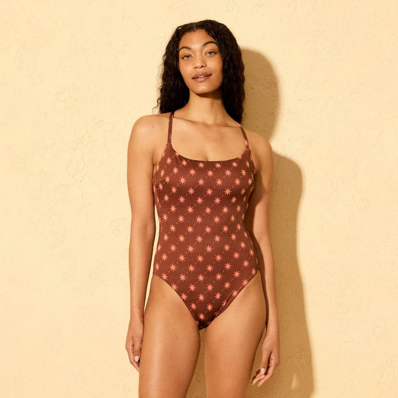 Women's Solar Jacquard Cheeky Coverage Scoop Neck One Piece Swimsuit - Shade & Shore Brown