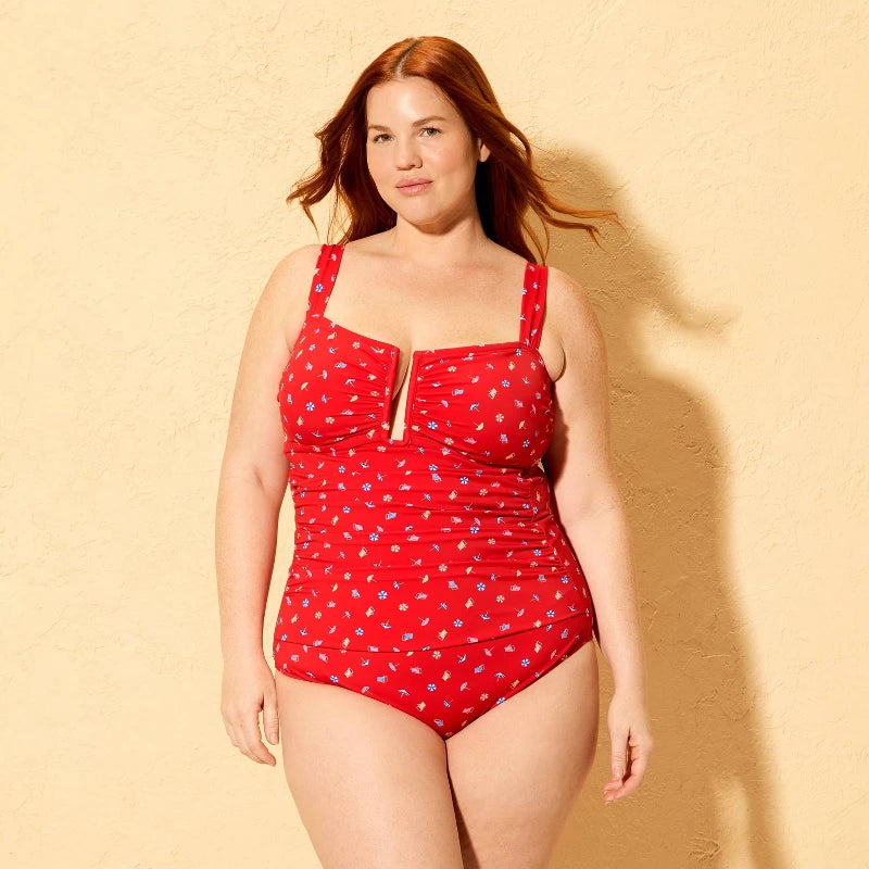 Women's Bandeau U-Wire Medium Coverage One Piece Swimsuit - Shade & Shore Red