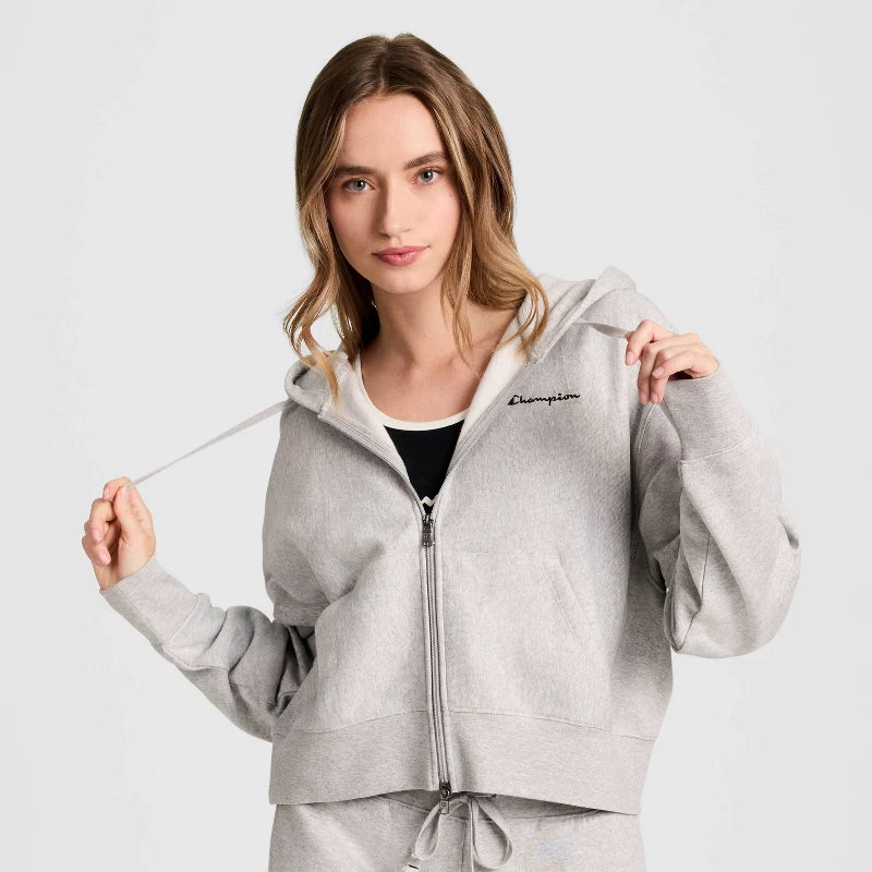 Champion Women's Cropped Hooded Fleece Zip-Up Sweatshirt - Light Heather Gray