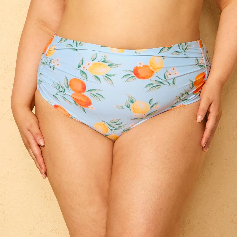 Women's Fruit Print Shirred High Waist Full Coverage Bikini Bottom - Shade & Shore Blue