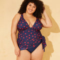 Women's Polka Dots Tummy Control Full Coverage Sarong Swim Dress - Shade & Shore Navy Blue