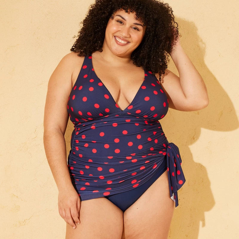 Women's Polka Dots Tummy Control Full Coverage Sarong Swim Dress - Shade & Shore Navy Blue