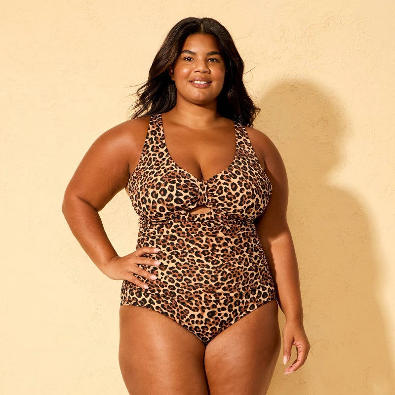 Women's Leopard Print Tab-Front Full Coverage One Piece Swimsuit - Shade & Shore Multi