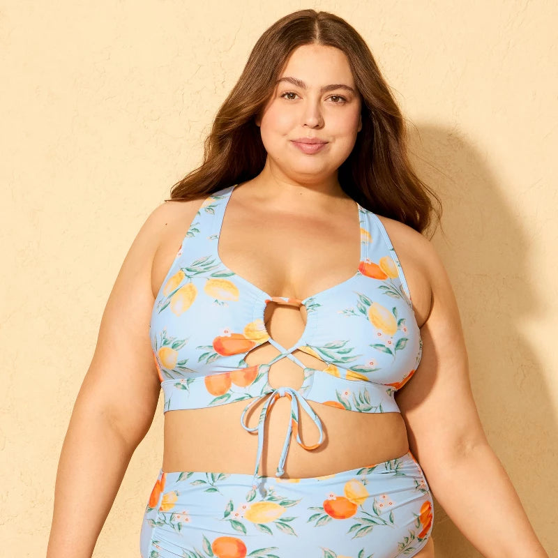 Women's Fruit Print Lace Up Longline Bikini Top - Shade & Shore Blue