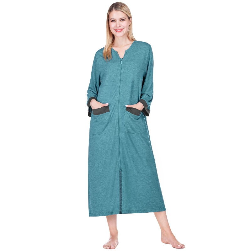 PAVILIA Women Zipper Robe, Loungewear Dress Lightweight Sleepwear Housecoat Nightgown Long