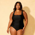 Women's Long Torso Shirred Tummy Control Square Neck Full Coverage One Piece Swimsuit - Shade & Shore Black