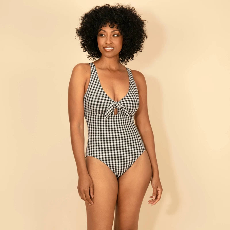 Lands' End Women's Gingham Knot Front One Piece Swimsuits - Black/White
