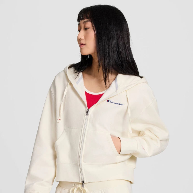 Champion Women's Cropped Hooded Fleece Zip-Up Sweatshirt - Cream