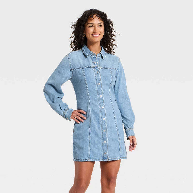 Women's Long Sleeve Mini Denim Shirtdress - Universal Thread Light Wash