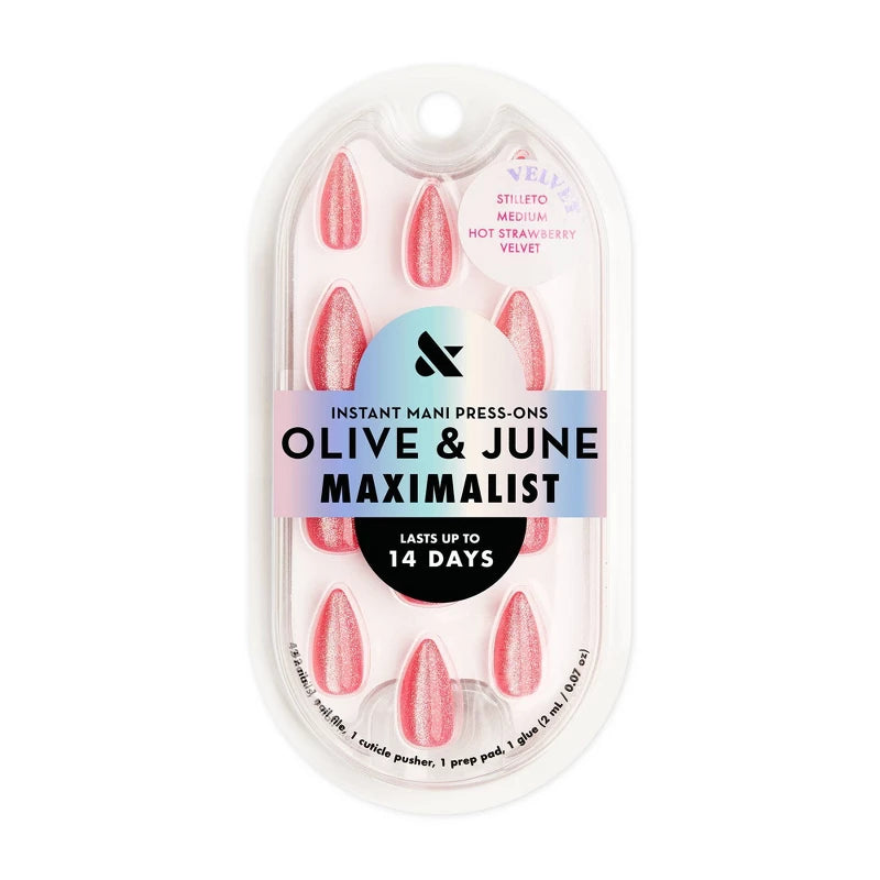 Olive & June Press-On Fake Nails - Maximalist - M Stilleto - Hot Strawberry Velvet - 42ct