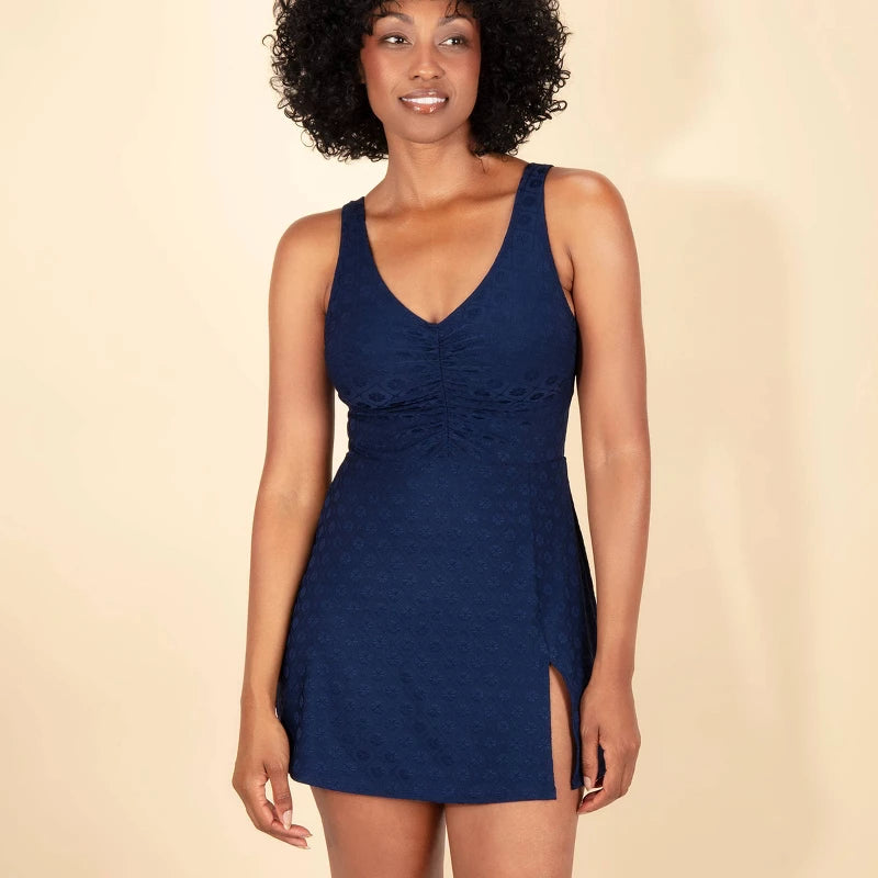 Lands' End Women's Shirred Jacquard Full Coverage Swim Dress - Navy Blue