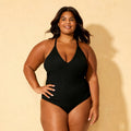 Women's Ribbed Plunge Neck Cheeky Coverage One Piece Swimsuit - Shade & Shore Black