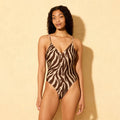 Women's Zebra Print Beaded V-Neck High Leg Cheeky Coverage One Piece Swimsuit - Shade & Shore Brown