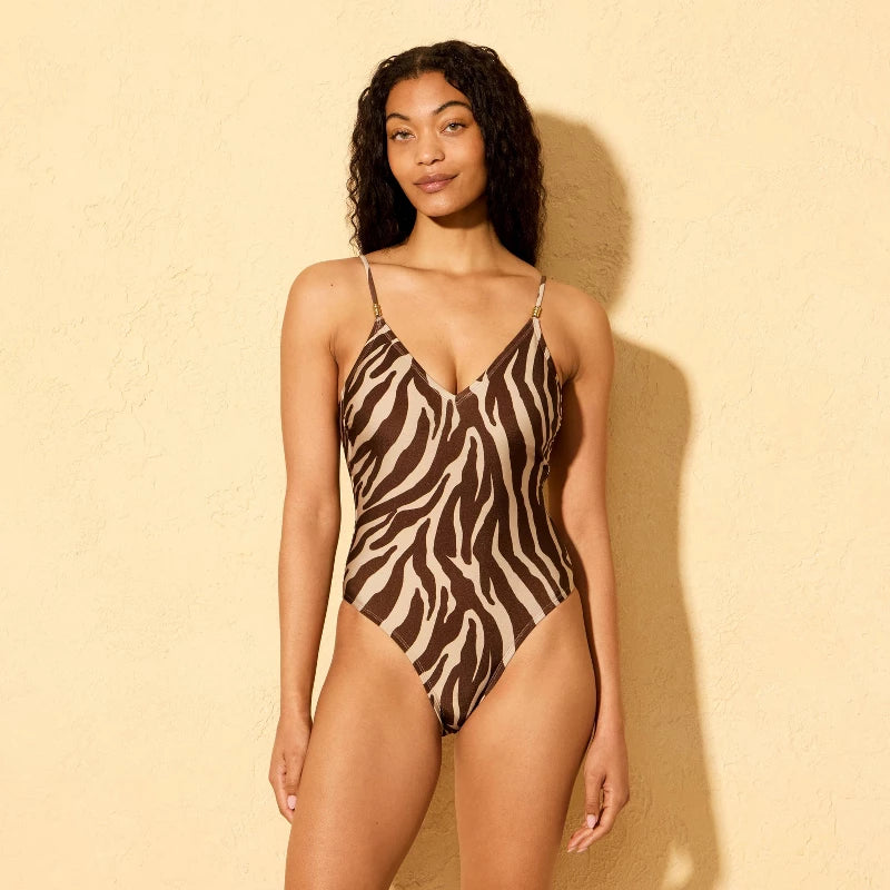 Women's Zebra Print Beaded V-Neck High Leg Cheeky Coverage One Piece Swimsuit - Shade & Shore Brown