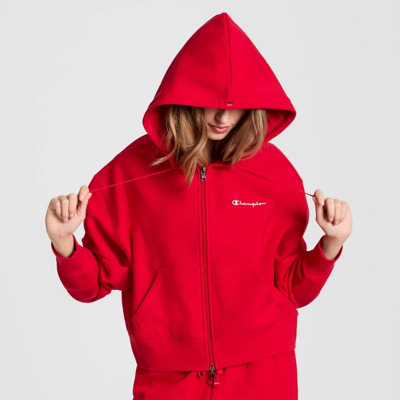 Champion Women's Cropped Hooded Fleece Zip-Up Sweatshirt - Tango Red