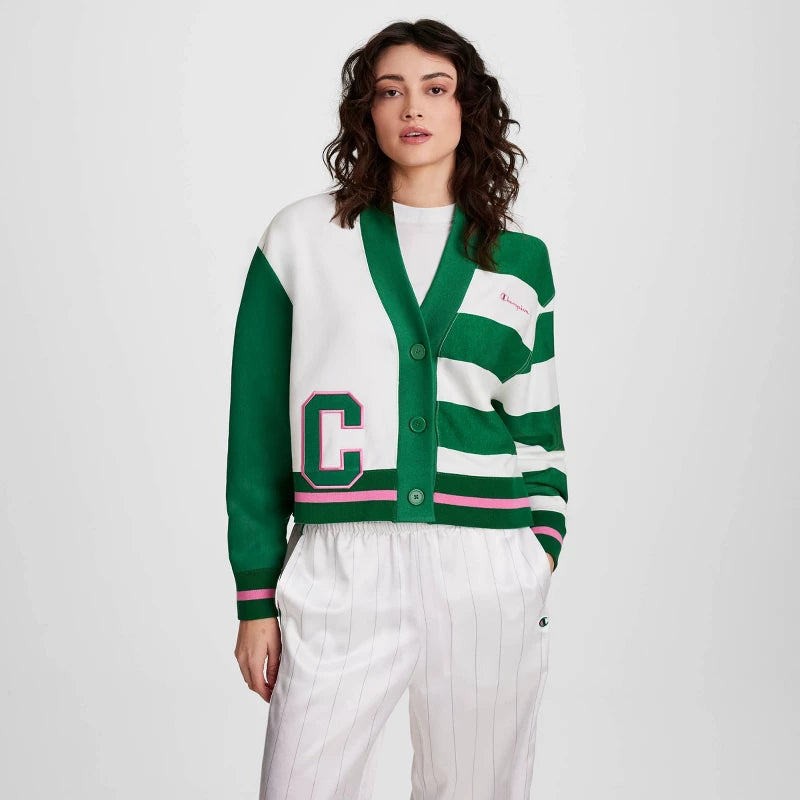 Champion Women's Collegiate Cardigan - White/Green Striped