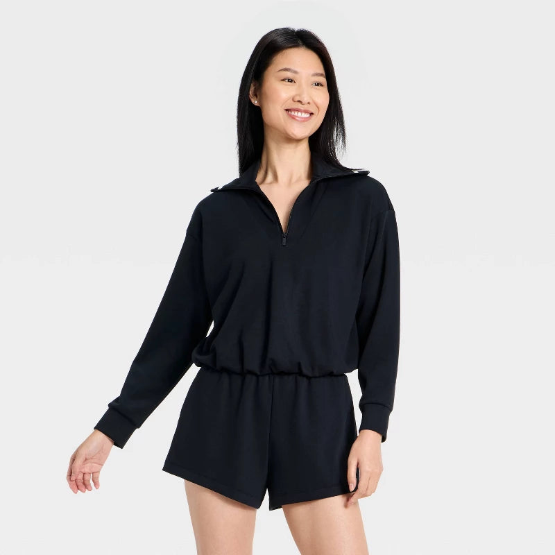 Women's Airy Sleek Pique 1/2 Zip Bubble Hem Collared Pullover Sweatshirt - All In Motion B
