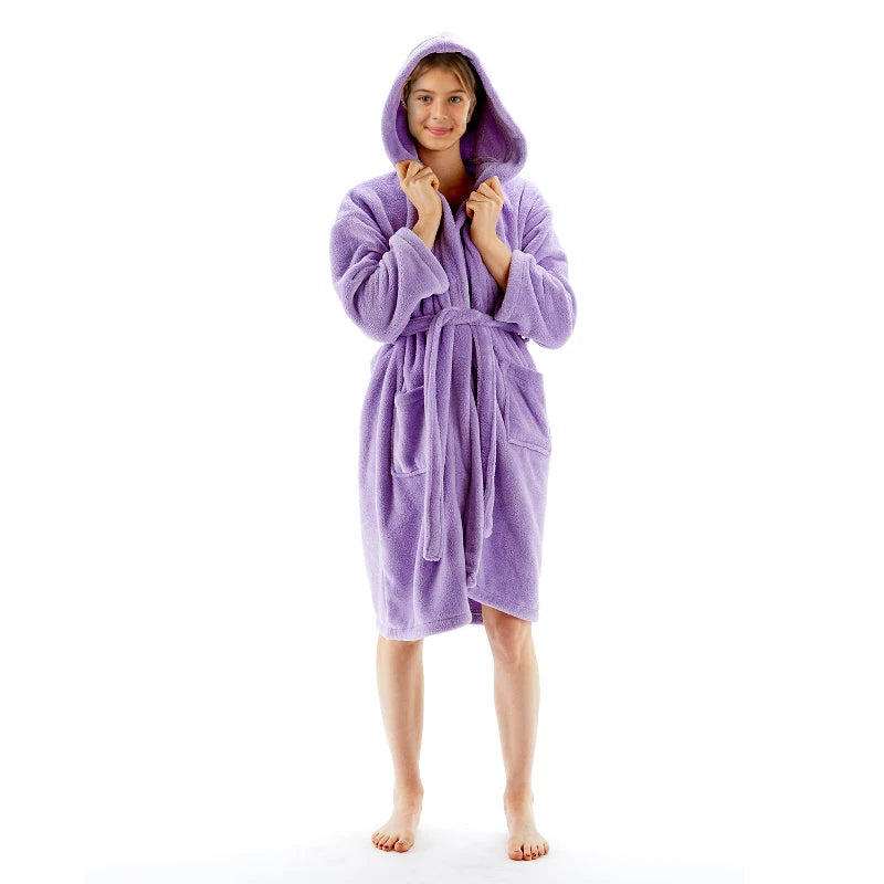 BC BARE COTTON Girls Hooded Robe Microfiber Plush Fleece Bathrobe - Lavender - X-Large (