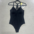True & Co. Women's V Neck Bra Lace Racerback Bodysuit - Black
