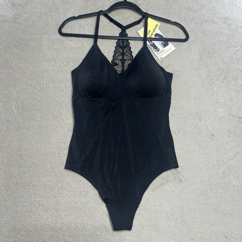 True & Co. Women's V Neck Bra Lace Racerback Bodysuit - Black