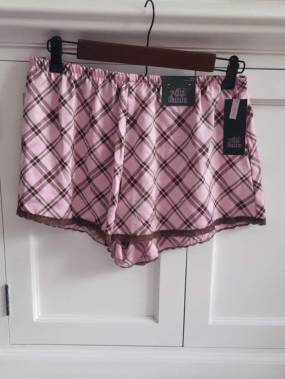 Women's Satin Boxer Pajama Shorts - Wild Fable Pink Plaid