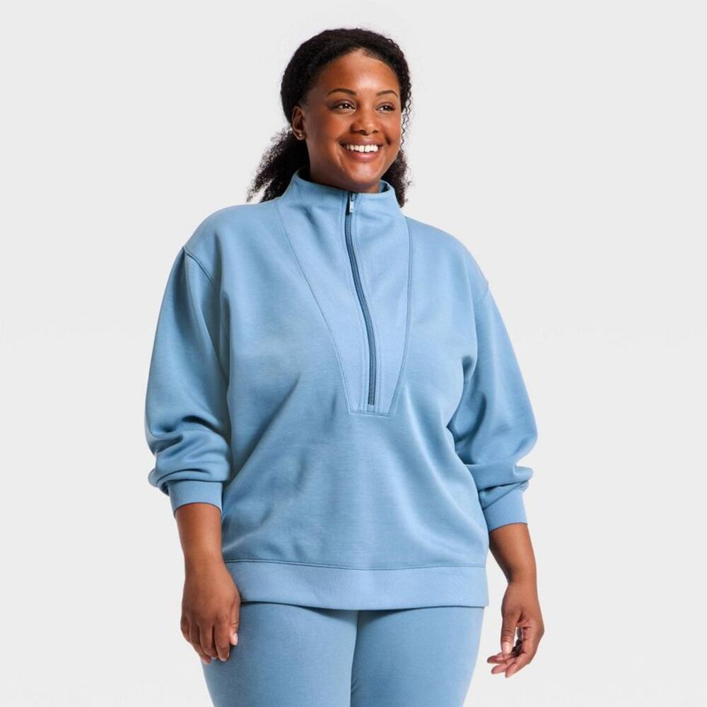 Women's Airy Sleek Mock Turtleneck Deep Zip Pullover Sweatshirt - All In Motion Steel Blue