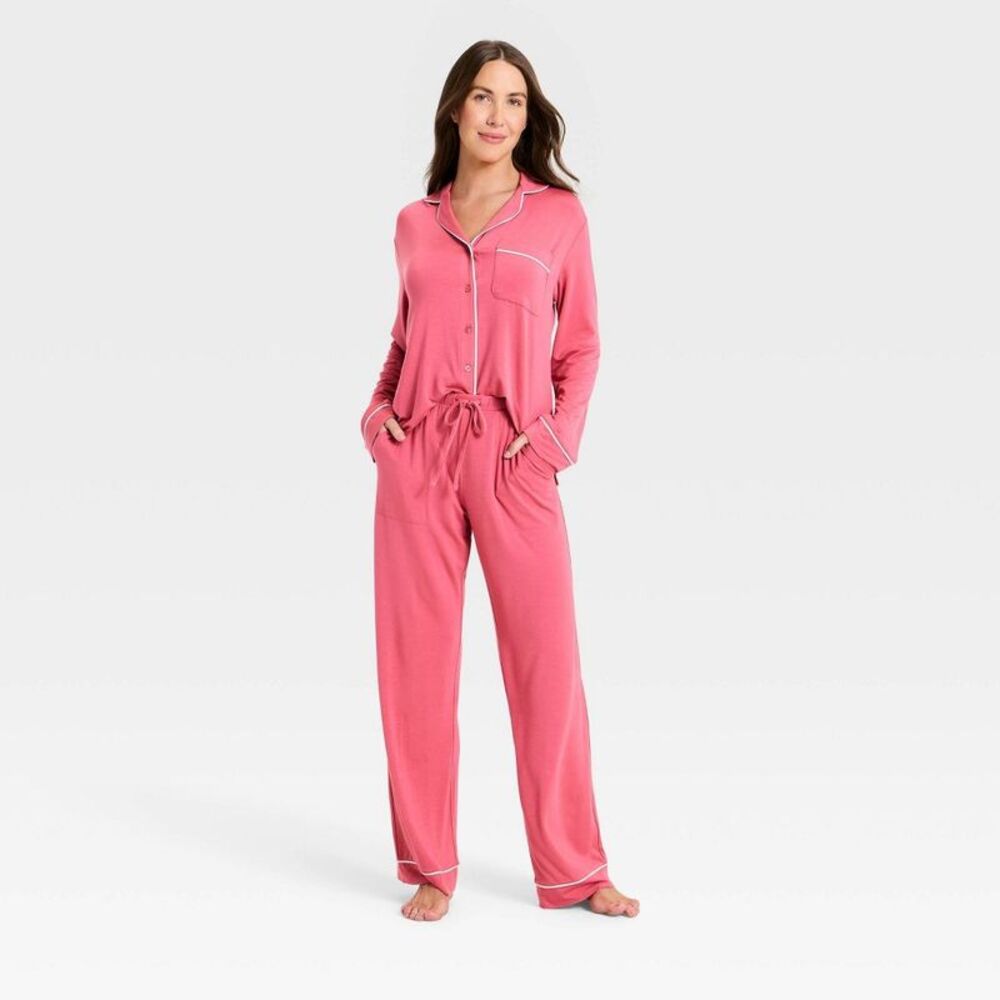 Women's Cloud Knit Long Sleeve Notch Collar Top and Pants Pajama Set - Auden Pink XXL (Ple