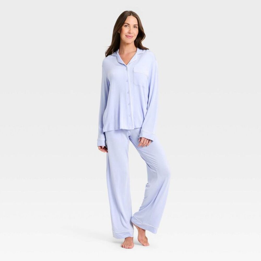 Women's Cloud Knit Long Sleeve Notch Collar Top and Pants Pajama Set - Auden Light Blue