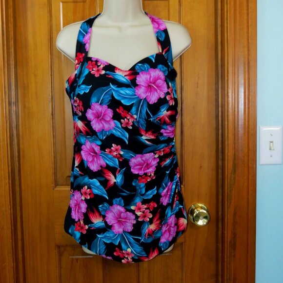 Lands' End Women's Ruched Sweetheart One Piece Swimsuit - Black Tropical Print L: Slimming, UPF 50+, Sewn Cup