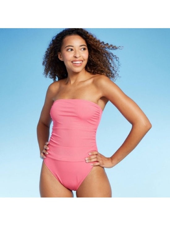 Women's Micro Crinkle V Neck Medium Coverage One Piece Swimsuit - Shade & Shore Pink