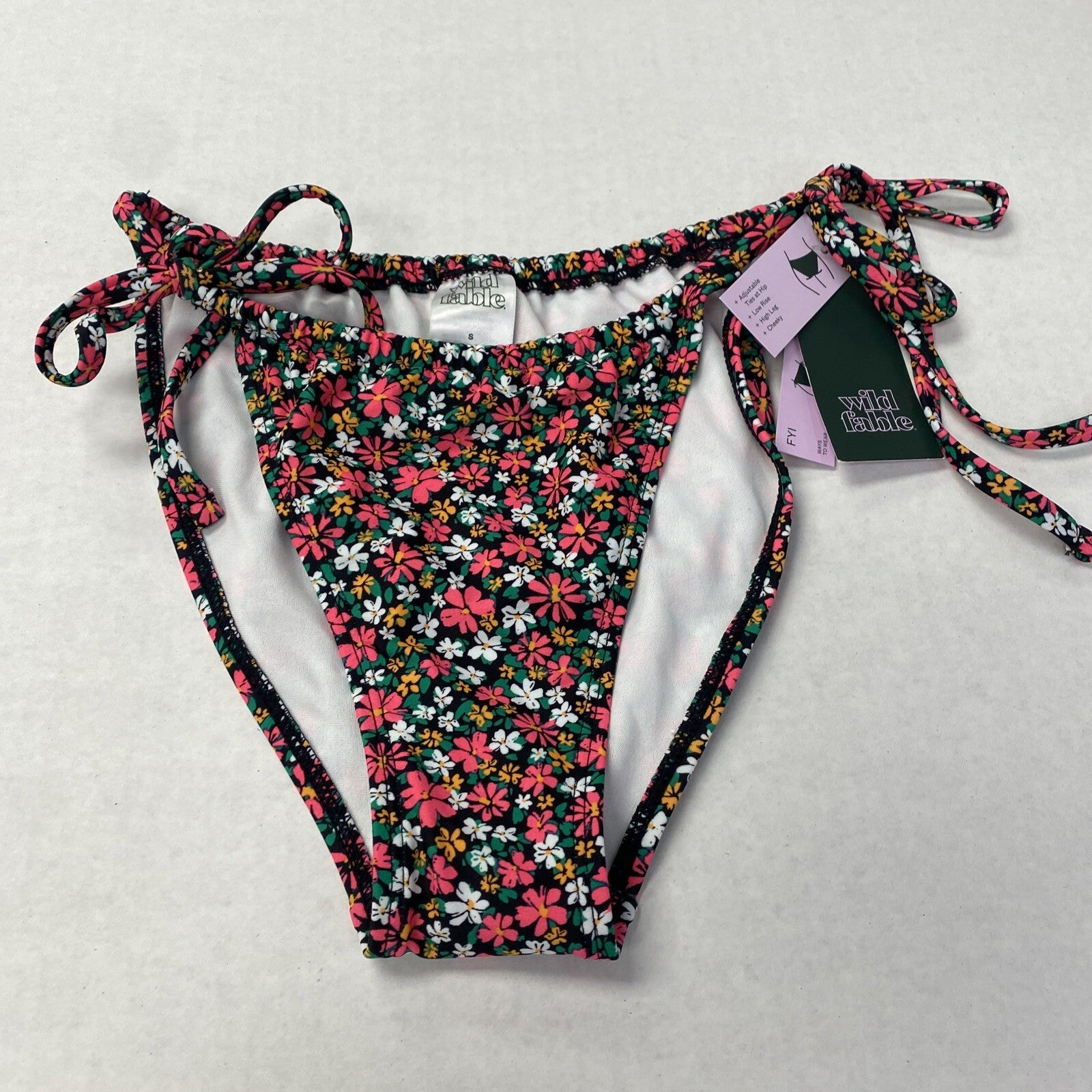 Women's Contrast Binding Low-Rise High Leg Cheeky Side-Tie Bikini Bottom - Wild Fable Green Floral Print