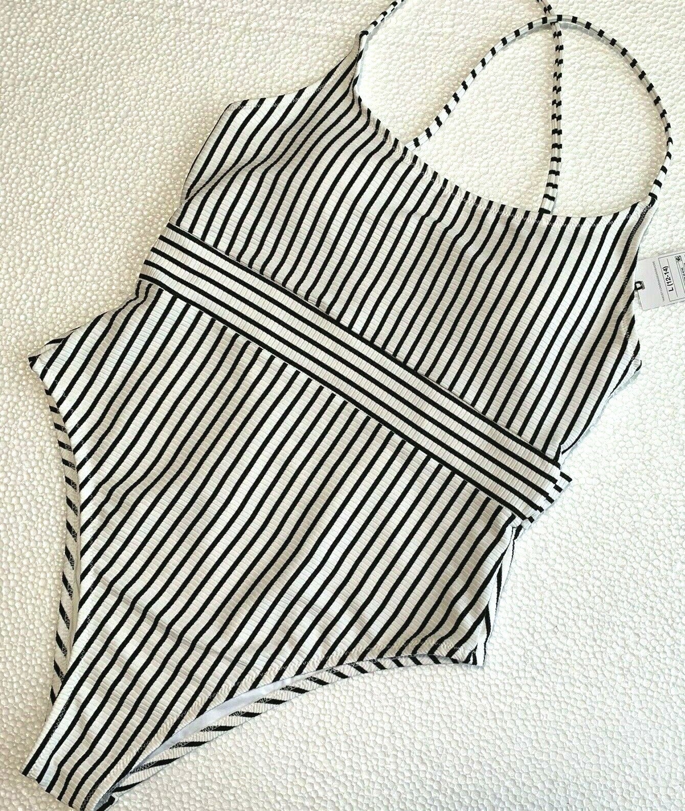 Women's Striped Ribbed Medium Coverage One Piece Swimsuit - Shade & Shore Black/White S: Scoop Back, Adjustable Straps
